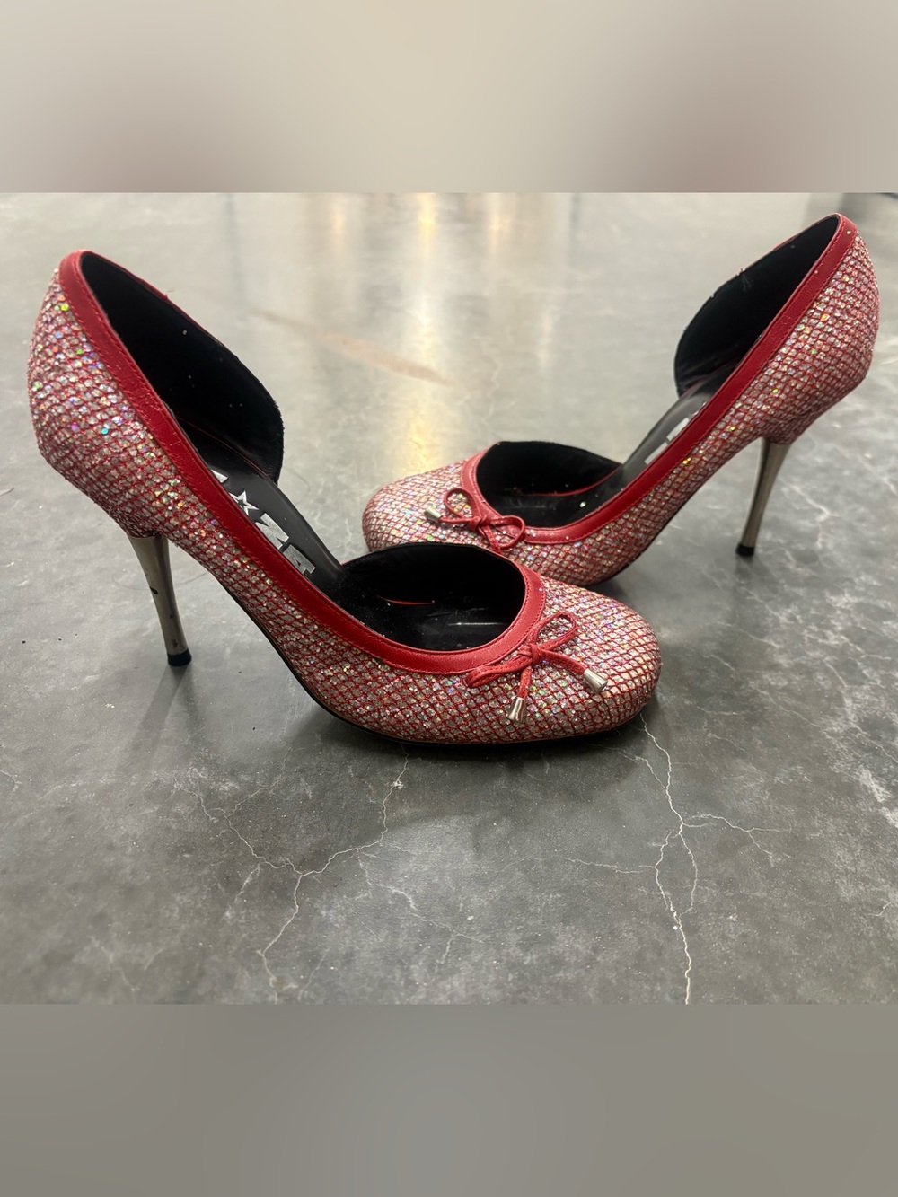 VTG NaNa Red Glitter D'Orsay Heels Bow Pumps 6.5 Punk Goth Retro Y2K